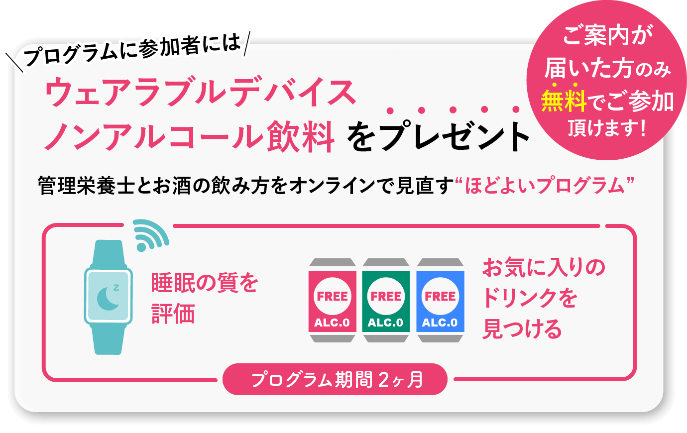 プログラムの参加者にはウェアラブルデバイス・ノンアルコール飲料をプレゼント　ご案内が届いた方のみ無料でご参加いただけます！管理栄養士とお酒の飲み方をオンラインで見直す”ほどよいプログラム”　プログラム期間２ヶ月　睡眠の質を評価　お気に入りのドリンクを見つける　参加開始が選べます　10月、11月、12月、1月から、お好きなタイミングをお選びください。各回先着25名かける4回　お申し込みはお早めに！